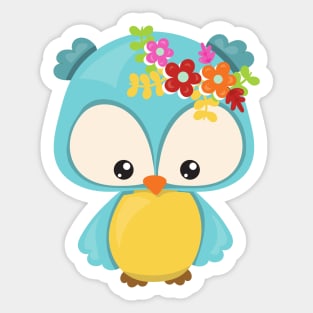 Spring Animals, Cute Owl, Little Owl, Flowers Sticker